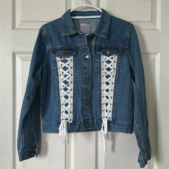 LOVE TREE Women’s Denim Jacket with White Lace-Up Detail Size M - Picture 1 of 7